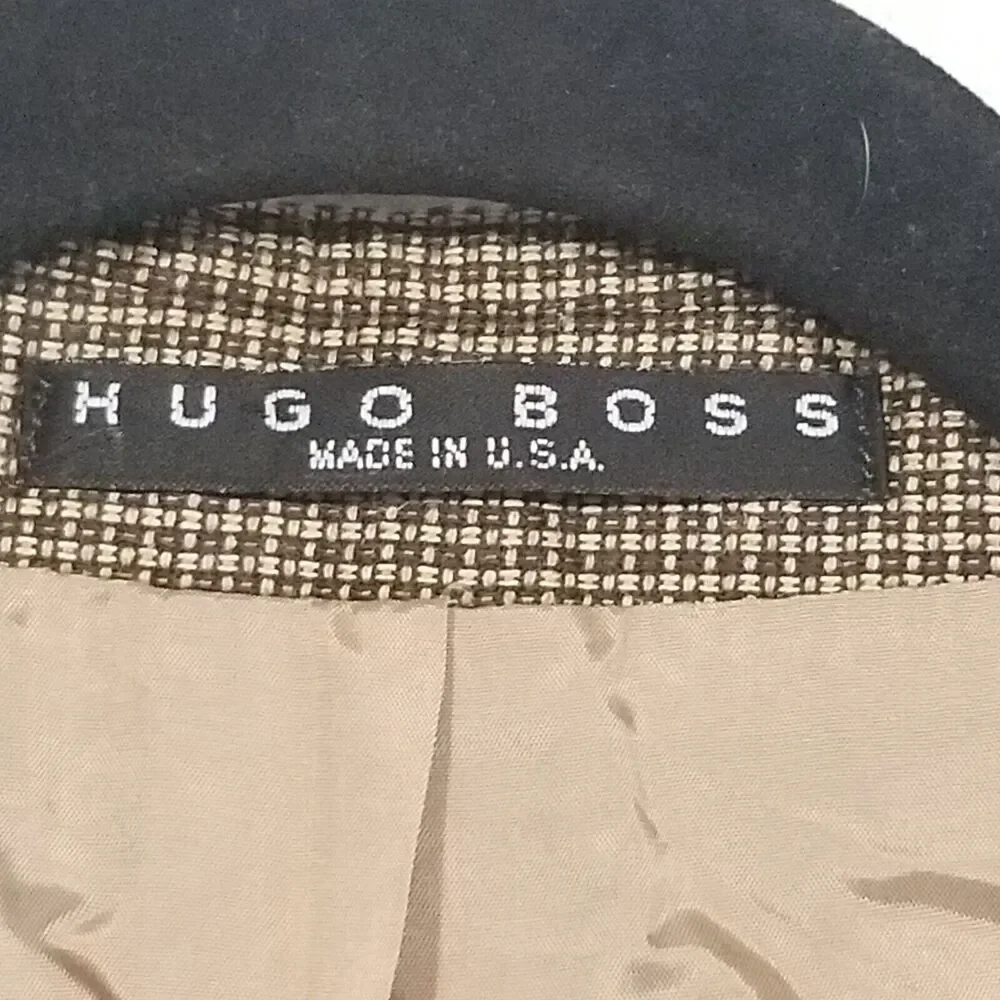 Hugo Boss 44R Sport Coat 3 Button Tan Silk Wool Blend Plaid Classic Business